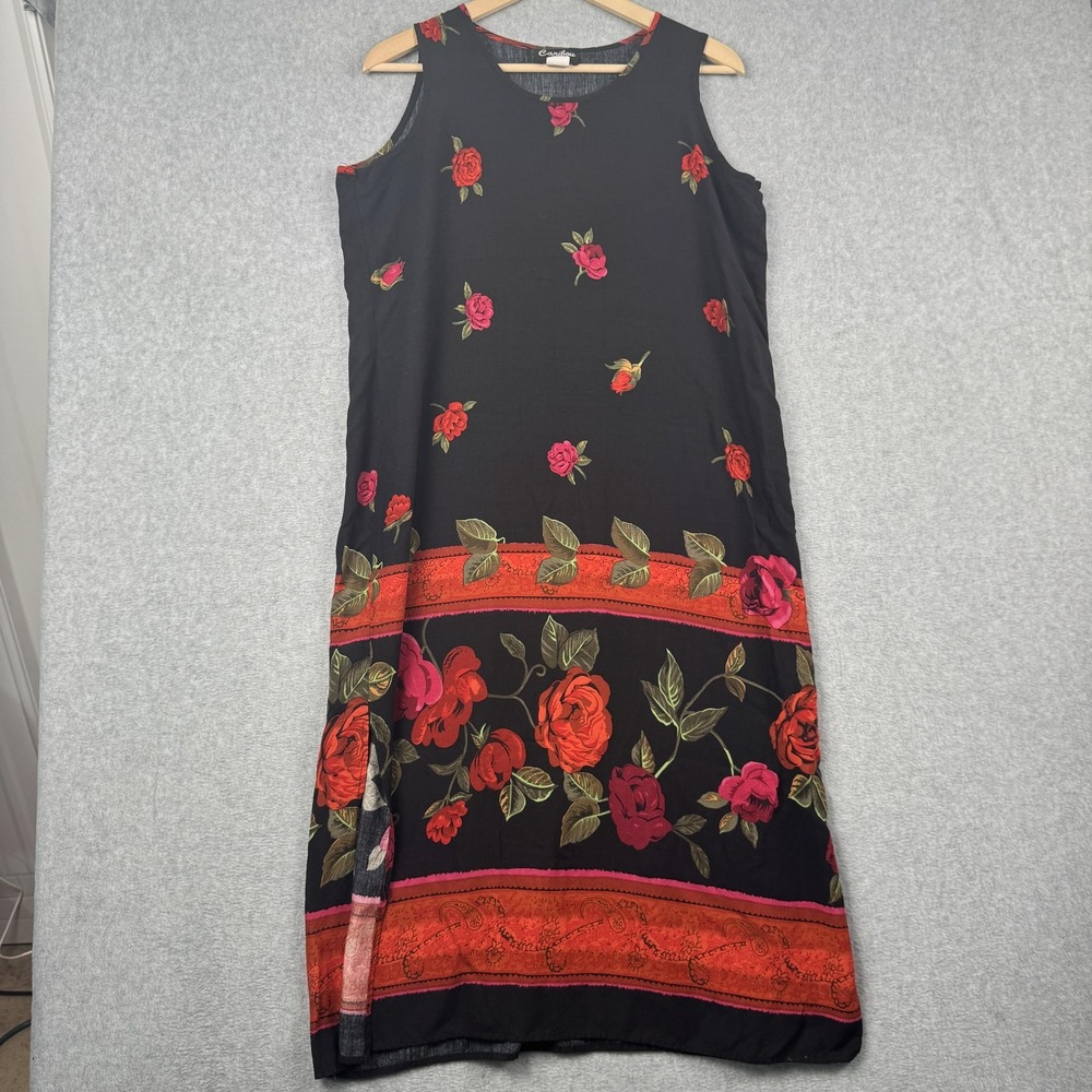 Vintage Y2K 90s‎ Dress Womens Large Black Red Maxi Floral Sleeveless Caribou